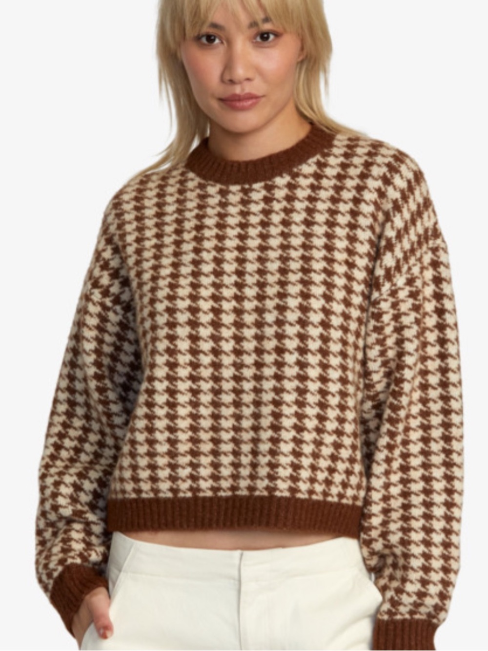 RVCA Brown & Cream Houndstooth Knit Sweater - Size L